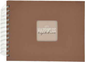 Brązowy planer z białym grzbietem spiralnym i napisem 'LET'S HAPPINESS Together' na okładce. Widok z góry.