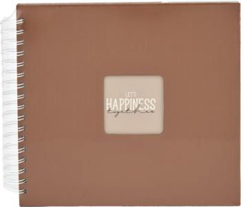 Brązowy, prostokątny album spiralny z białym napisem 'LET'S HAPPINESS together' na środku okładki.