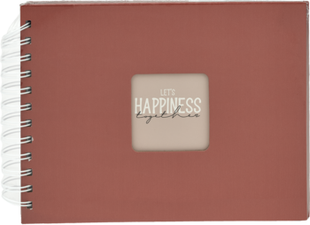 Terakotowy spiralny notes z matową okładką i napisem 'LET'S HAPPINESS together' na środku, widok z przodu.