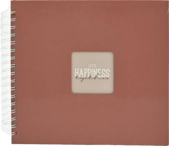 Kwadratowy album na zdjęcia spiralny, terakotowa okładka. Beżowy panel z napisem 'LET'S HAPPINESS together'.