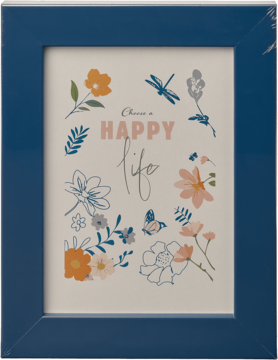 Niebieska ramka z obrazkiem: 'Choose a HAPPY life', kolorowe kwiaty, ważka i motyl na białym tle.