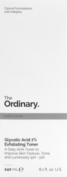 The Ordinary Glycolic Acid 7% Exfoliating Toner w białym kartonie, widok z przodu, czarne napisy.