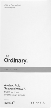 Białe opakowanie The Ordinary Azelaic Acid Suspension 10%, widok z przodu, czarny tekst, szary pasek.