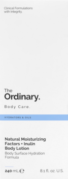 The Ordinary Natural Moisturizing Factors + Inulin Body Lotion w białym opakowaniu z niebieskim paskiem, widok z przodu.