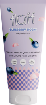 Fioletowy balsam Fluff Blueberry Mochi Milky Body Lotion w tubce, z ilustracjami borówek, widok z przodu.