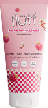 Różowa tubka Fluff Raspberry Milkshake Milky Body Lotion z malinami i bitą śmietaną, widok z przodu.