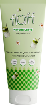 Fluff Matcha Latte Milky Body Lotion, jasnozielona tubka z grafiką matcha. Cruelty-free, vegan, skin friendly. Widok z przodu.