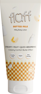 Fluff Butter Milk Milky Body Lotion w białej tubce z pomarańczowym logo i wzorem, widok z przodu. Vegan, cruelty-free.