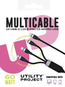 Czarny multicable Utility Project 60W, z końcówkami USB-C, 8-PIN i Micro USB, na białym tle z różowym logo UP.