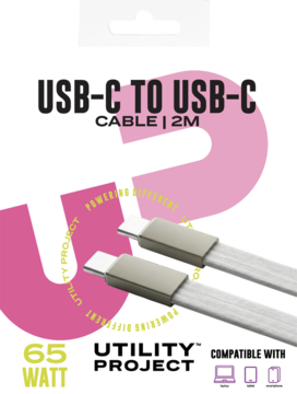 Utility Project USB-C to USB-C 2M kabel 65W. Dwa srebrne wtyki i biały przewód na różowo-białym tle.