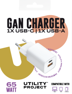 Biała ładowarka GaN 65W Utility Project z portami USB-C i USB-A, widok pod kątem na kolorowym tle.