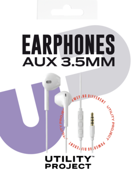 Białe słuchawki douszne AUX 3.5MM z wbudowanym pilotem, opakowanie 'Utility Project', widok z przodu.