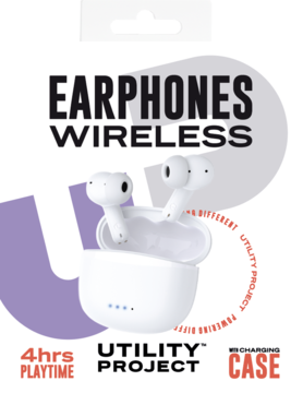 Białe słuchawki bezprzewodowe Utility Project w otwartym etui z funkcją ładowania, widok z przodu opakowania.