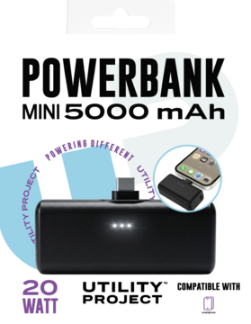 Czarny powerbank USB-C 5000mAh 20W na opakowaniu, widok z przodu, z miniaturowym telefonem.