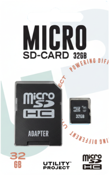 Opakowanie karty Micro SD 32GB z adapterem SDHC. Czarny adapter i karta na białym tle, widok z przodu.