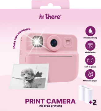 Różowy aparat Hi There do natychmiastowego druku zdjęć bez tuszu, z błyskiem i dwoma wkładami, widok z przodu.