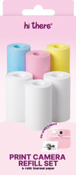 Hi there print camera refill set, 6 thermal paper rolls: light blue, pink, yellow, and 3 white, front view.