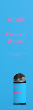 Your Candle Ocean Rush dyfuzor zapachowy, niebieskie opakowanie 100 ml z różowym napisem i butelką.