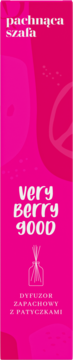 Pachnąca Szafa Very Berry Good, różowy dyfuzor zapachowy z patyczkami, o zapachu owoców leśnych, widok z przodu.