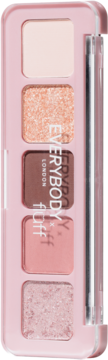 Mini Eyeshadow Palette Soft Love: 5 różowo-brązowych cieni (3 matowe, 2 błyszczące) w kompaktowej różowej paletce. Widok z góry.
