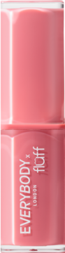 Dwie prostokątne pomadki Everybody London x Fluff Rose Kiss, różowe, butelki pionowo, z widocznym logo.