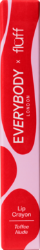 Pionowe opakowanie lip crayon EVERYBODY x Floff, odcień Toffee Nude. Czerwone i jasnoróżowe, z falistymi wzorami.