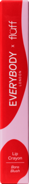 Pionowe opakowanie Lip Crayon w kolorze czerwono-różowym EVERYBODY x fluff Bare Blush, widok z przodu.