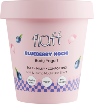 Różowy Fluff Blueberry Mochi Body Yogurt w słoiczku, z jagodami, napisem, etykietami cruelty-free i vegan, widok z przodu.