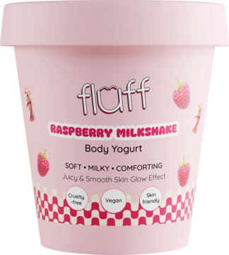 Różowy Fluff Raspberry Milkshake Body Yogurt w tubce z grafiką malin, napisy "Cruelty-free, Vegan", widok z przodu.