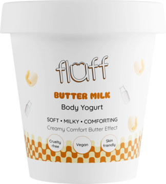 Białe opakowanie Fluff Butter Milk Body Yogurt, z przodu pomarańczowe logo i napisy 'Soft Milky Comforting'.