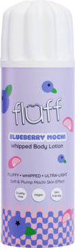 Fluff Blueberry Mochi Whipped Body Lotion, light purple bottle with blueberry graphics and brand text, front view.