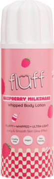 Fluff Raspberry Milkshake Whipped Body Lotion in pink bottle, white ribbed cap, and playful checkered base, front view.