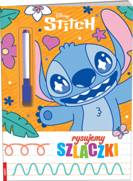 Książka Disney Stitch Rysujemy Szlaczki z niebieskim mazakiem, na okładce uśmiechnięty Stitch wśród tropikalnych wzorów, widok z przodu.