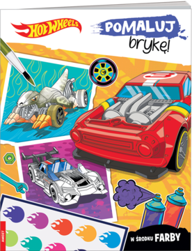 Okładka kolorowanki Hot Wheels Pomaluj Brykę z autami, pędzlem, farbami wodnymi i paletą kolorów.