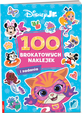 Książka Disney Jr. ze 100 brokatowymi naklejkami i zadaniami. Niebieska okładka, Miki, Minnie, super-kot i inni.