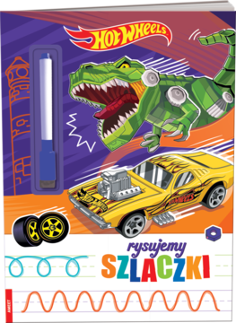 Edukacyjna książka Hot Wheels do kreślenia szlaczków z dinozaurem, samochodem i mazakiem, widok z przodu.