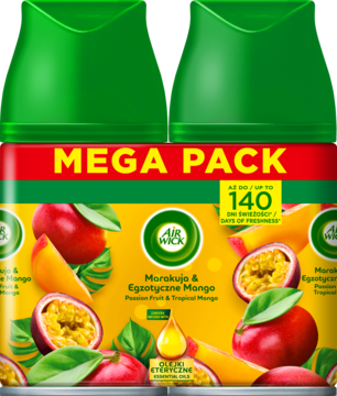 Air Wick Mega Pack wkłady, zapach marakui i egzotycznego mango. Zielono-żółte opakowanie z owocami, widok z przodu.
