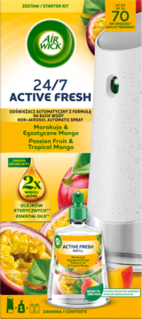 Air Wick 24/7 Active Fresh Passion Fruit & Tropical Mango starter kit, automatyczny odświeżacz na 70 dni, przód.
