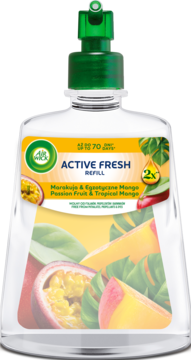 Air Wick Active Fresh Refill, Passion Fruit & Tropical Mango, w przezroczystej butelce z zieloną zakrętką, widok z przodu.
