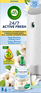 Air Wick 24/7 Active Fresh zestaw: automatyczny spray Cotton Blossom & White Lotus z 2x olejkami eterycznymi.