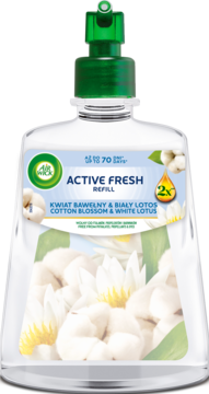 Wkład Air Wick Active Fresh Kwiat Bawełny i Biały Lotos, przezroczysta butelka z zieloną nakrętką, widok z przodu.