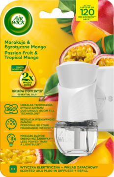 Air Wick Passion Fruit & Tropical Mango elektryczny odświeżacz na żółtym opakowaniu, biały dyfuzor i wkład.