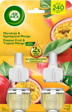 Air Wick wkład do odświeżacza, zestaw 2x, Passion Fruit & Tropical Mango, na tle owoców, widok z przodu.
