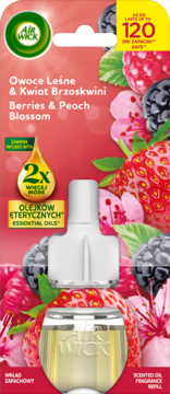 Air Wick wkład zapachowy Owoce Leśne & Kwiat Brzoskwini, z widocznym złotym płynem, na tle jagód i brzoskwiń.