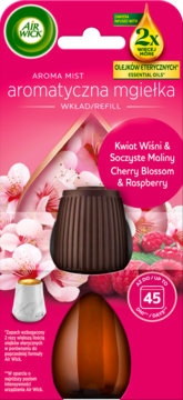 Air Wick Aroma Mist refill, Cherry Blossom & Raspberry scent, pink packaging, two brown bottles, 2x essential oils. Front view.