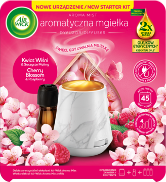 Air Wick Aroma Mist starter kit: biały dyfuzor z marmuru, olejek Wiśnia & Malina, na różowym tle.