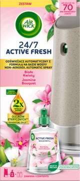 Air Wick 24/7 Active Fresh zestaw automatyczny odświeżacz. Wodny, non-aerozol, Jasmine Bouquet. Z przodu, z wkładem, kwiaty.