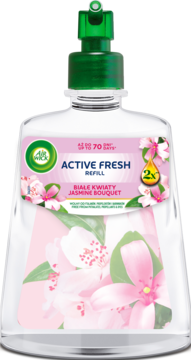 Air Wick Active Fresh Refill Białe Kwiaty Jaśminu, przezroczysta butelka z różową etykietą, widok z przodu.