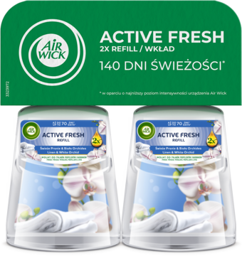 Air Wick Active Fresh: 2 wkłady (140 dni świeżości) w przezroczystych butelkach z niebieskim płynem na białym tle.