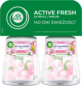 Zestaw 2 wkładów Air Wick Active Fresh, 140 dni świeżości, w przezroczystych butelkach z różowo-zielonym wzorem kwiatowym.